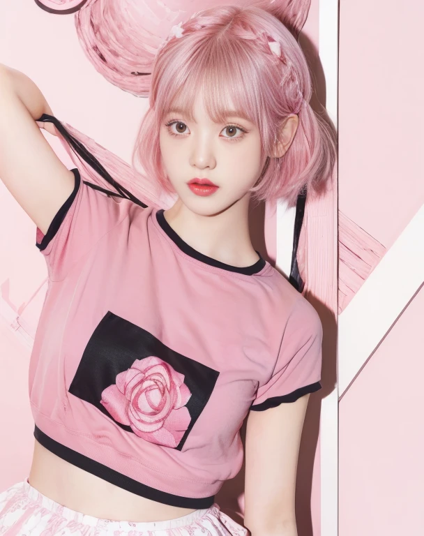 there is a woman with rosa hair and a rosa shirt rosa eyes, rosa girl, ((rosa)), cute girl with short rosa hair, rosa skin, e-chica, e - girl, with rosa hair, pink vibe, pink face, SHEEP, add pink, y 2 k aesthetic, y2k aesthetic, Kawaii realistic portrait, very aesthetic!!!!!!, aesthetic!!!!!!!!!!