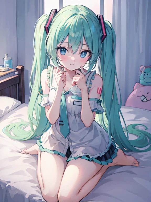 Hatsune miku on a bed, all fours, thick thighs, smooth skin, warm lighting