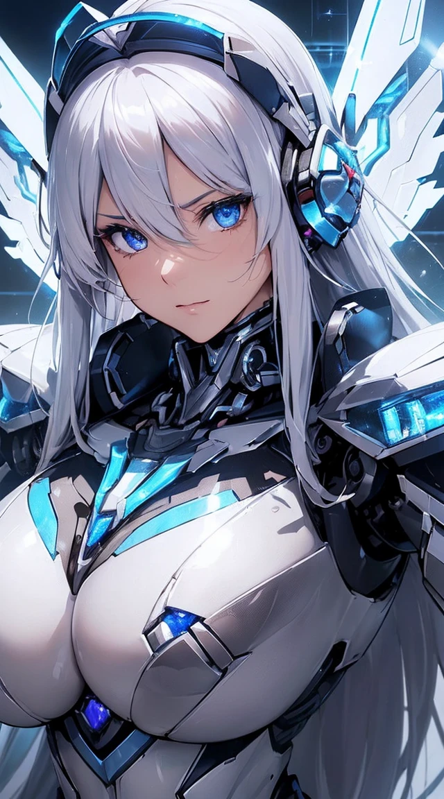 ((Extreme close up:1.6))、(((Lenses shining on both breasts:1.3)))、((Blue pillars of light radiate from both of his chests..:1.3))、break、(((Dynamic pose:1.8)))、smile、((8K)), ((32k)), ((Highest quality)), ((masterpiece)), ((超A high resolution)), ((Tmasterpiece)), ((Halation:1.4))、((Mechaニカルheadgear:1.2))、((Cyber Headphones:1.3))Fine skin, High quality fabric, High-quality metal texture、((Beautiful and dense face))、RAW Photos、Professional, Ultra-fine painting, ((alone)), Beautiful breasts、Highest quality, Very detailed, Very detailed詳細, Finer details, so beautiful, ((Princess Knight Robot:1.2)), (Joint of the machine, Mechanical Limbs:1.3), (The internal structure of the machine is exposed:1.3), (Long silver hair:1.1), (Beautiful and huge mechanical breasts)、White Veil, cowboy_shot, Side Focus, headgear, Shiny、(Five Fingers, Four fingers and thumb),Concept Art, Anime fantasy artwork, Detailed fantasy art, (with pale blue-violet hair and large white wings,,,,,,,,), (((Long silver hair))), (Mecha:1.6)、Sleek and intimidating design, ((Commander-in-Chief'arm)), (Perfect robot body)、純白と青紫のarmまたは, Symmetrical wings, 8K High Resolution, Detailed Art, 3D rendering of character art in 8K, neat legs, Defined, Defined fingers,((headshot:1.3))