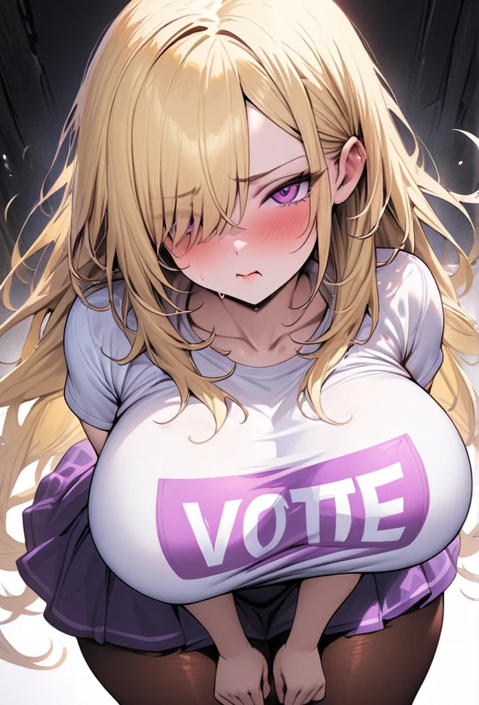 ((Best Quality)), ((Masterpiece)), (detailed), 1 girl, Pastel yellow hair, long hair, hair covers one eye, purple eyes, tight, big breasts, big thighs, white vote t-shirt, purple skirt, brown pantyhose, pouting, serrated fists, desire to cry