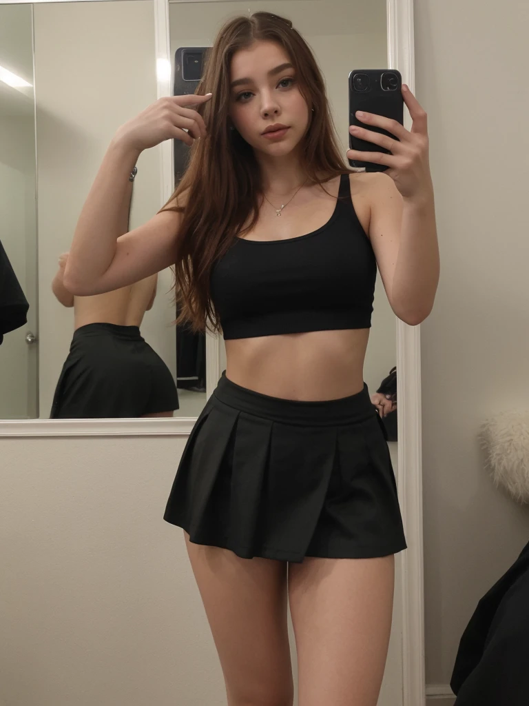 20-year-old woman similar to Chloë Grace Moretz, long hair, messy red hair, taking a selfie in a mirror with a cell phone without covering her face, high-waist-black-skirt, wearing a mustard-colored tank top and a black skirt, wearing a short top and miniskirt, skater skirt, slim waist, short black skirt, beautiful short skirt, with a slim waist, short skirt, black skirt, cute casual streetwear, photo of slim girl, instagram model Masterpiece, high definition, hyper realistic.