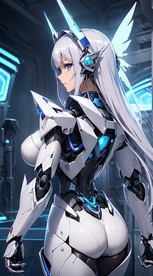 (((Photo from behind:1.6)))、((Lenses shining on both breasts:1.3))、((Blue pillars of light radiate from both of his chests..:1.3))、(Dynamic pose:1.6)、smile、((8K)), ((32k)), ((Highest quality)), ((masterpiece)), ((Ultra-high resolution)), ((Tmasterpiece)), ((Hello:1.4))、((Mechaニカルheadgear:1.2))、((Cyber Headphones:1.3))Fine skin, High quality fabric, Fine metal texture、((Beautiful and dense face))、RAW Photos、Professional, Ultra-fine painting, ((alone)), Beautiful breasts、Highest quality, Very detailed, Very detailed詳細, Finer details, so beautiful, ((Princess Knight Robot:1.2)),  (Joint of the machine, Mechanical Limbs:1.3), (The internal structure of the machine is exposed:1.3), (Long silver hair:1.1), (Beautiful and huge mechanical breasts)、White Veil, cowboy_shot, Side Focus, headgear, Shiny、(Five Fingers, Four fingers and thumb),Concept Art, Anime fantasy artwork, Detailed fantasy art, (with pale blue-violet hair and large white wings,,,,,,,,), (((Long silver hair))), (Mecha:1.6)、Sleek and intimidating design, ((Commander-in-Chief&#39;arm)), (Perfect robot body)、純白と青紫armまたは, Symmetrical wings, 8K 高品質詳細アート, 3D rendering of character art in 8K, neat legs, Defined, Defined fingers,((headshot:1.3))