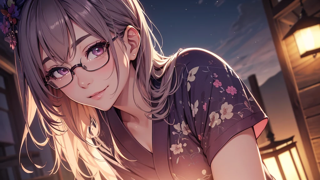1 girl, full body stand, glasses, ideal breasts, naked yukata, loose hair, smile, put his face closer to you, face blush, night light, detailed anime face, beautiful eyes, detailed hand, long eyelashes, detailed lips, detailed skin, intricate details, elegant, beautiful lighting, cooled colors, cinematic, soft focus, masterpiece, 8k, ultra-detailed, (best quality, 4k, 8k, highres, masterpiece:1.2), ultra-detailed