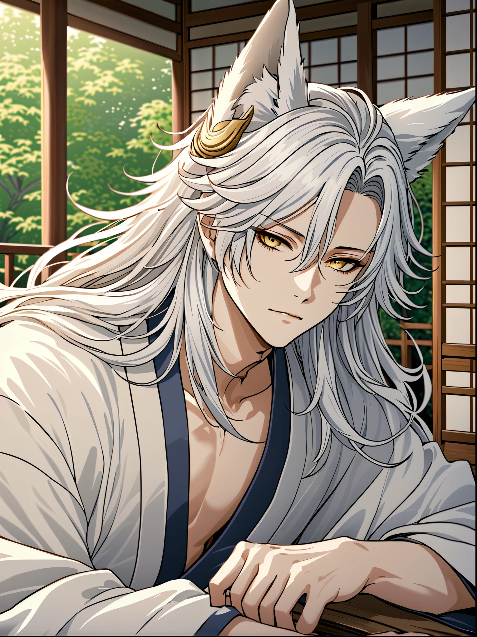 ((Highest quality)), ((masterpiece)), (detailed), ((Perfect Face))、Miyabi、male,  銀髪のmale性キャラクター。He has long, flowing hair and piercing golden eyes..。It has white fox ears on its head。
Performance: 真剣なPerformanceをしています。
He is wearing a yukata、Lying on the veranda of a Japanese house。Japanese Garden The yukata color scheme is based on white and gold..、キャラクターのdetailedな陰影
キャラクターのdetailedを強調するように設計。
 In anime style、Characterized by delicate lines and soft shadows.。Realistic yet stylish.、Subtle gradients and textures are used。
The characters exude a calm and relaxed vibe..、It gives a slightly mysterious and fantastical impression..。