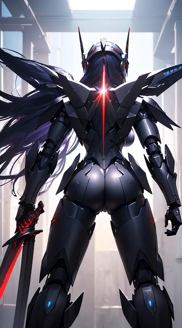 (((Photo from behind:1.6)))、((Shining lenses on both breasts:1.3))、((Pillars of red light radiate from both chests..:1.3))、((Dynamic pose:1.6))、((Holding the Red Sword:1.6))、((attack posture:1.8))、((8K)), ((32k)), ((Highest quality)), ((masterpiece)), ((Ultra-high resolution)), ((Tmasterpiece)), ((Hello:1.4))、((Mechaニカルheadgear:1.2))、((Cyber Headphones:1.3))Fine skin, High quality fabric, Fine metal texture、((Beautiful and dense face))、RAW Photos、Professional, Ultra-fine painting, ((alone)), Beautiful breasts、Highest quality, Very detailed, Very detailed詳細, Finer details, so beautiful, ((Black Knight Robot:1.2)), (Joint of the machine, Mechanical Limbs:1.3), (The internal structure of the machine is exposed:1.3), (Long black hair:1.1), (Beautiful and huge mechanical breasts)、White Veil, cowboy_shot, Side Focus, headgear, Shiny、(Five Fingers, Four fingers and thumb),Concept Art, Anime fantasy artwork, Detailed fantasy art, (Has light blue-purple hair and black wings,,,,,,), (((Long black hair))), (Mecha:1.6)、Sleek and intimidating design, (Jet black perfect robot body)、Jet black and reddish purple arms, Symmetrical wings, 8K 高品質詳細アート, 3D rendering of character art in 8K, neat legs, Defined, Defined fingers,((headshot:1.6))