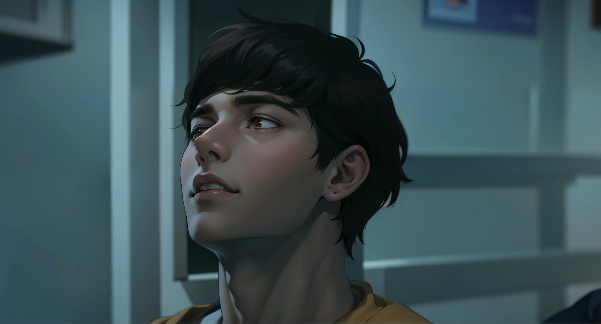 There is a 17-year-old boy, brown hair, brown eyes, he is doubting something, he is in disbelief.