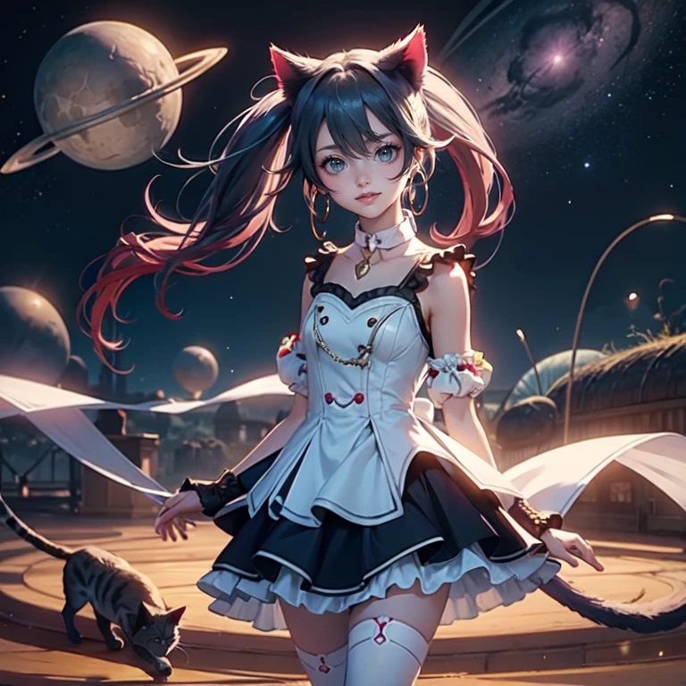 1girl, white maid dress, jewelry, aqua hair, flowing hair, long hair, maid dress with a short skirt and layers, white laces, white boots, white dress with transparency, gold details on her clothes, cat ears, animal ears, more details, perfectly body, perfectly hands, two hands, two legs, two arms, five fingers, glowing hair, best quality, cat ears, animal ears, white gloves, cat tail, alone, maid headdress, choker, detached sleeves, maid dress, maid white dress, strapless, aqua hair, masterpeice, best quality, detailed face, night, asymmetrical gloves, bangs, white short skirt , earrings, elbow gloves, fishnet thighhighs, fishmasterpeice, solo, best quality, detailed face, hair between eyes, jewelry, looking at viewer, single earring, sky, sleeveless, solo, thigh boots, thighhighs, tongue, tongue out, uneven gloves, cat ears, animal ears, cat tail, solo, alone, aqua hair, glowing hair, Looking at the viewer, magenta roses on her hair, space scenery, maid, maid dress, magenta details, maid headdress, maid apron, purple hair, long hair, seat on the Saturn rings, more details on her clothes, gold details on her clothes, space, smiling, standing her hand to a viewer, looking at the viewer, in the background a several asteroids glowing with fiery auras, Dramatic lighting from distant stars and planets illuminates the scene, looking at the vast and mysterious universe, cowboy shot, upper body portrait, more details, sparkle,