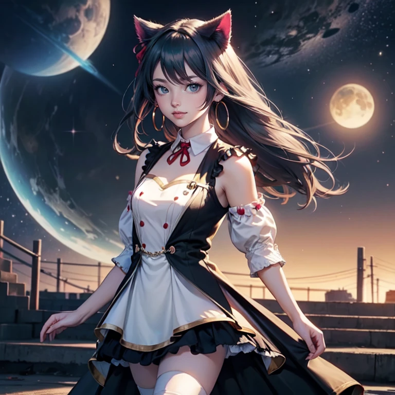 1girl, white maid dress, jewelry, aqua hair, flowing hair, long hair, maid dress with a short skirt and layers, white laces, white boots, white dress with transparency, gold details on her clothes, cat ears, animal ears, more details, perfectly body, perfectly hands, two hands, two legs, two arms, five fingers, glowing hair, best quality, cat ears, animal ears, white gloves, cat tail, alone, maid headdress, choker, detached sleeves, maid dress, maid white dress, strapless, aqua hair, masterpeice, best quality, detailed face, night, asymmetrical gloves, bangs, white short skirt , earrings, elbow gloves, fishnet thighhighs, fishmasterpeice, solo, best quality, detailed face, hair between eyes, jewelry, looking at viewer, single earring, sky, sleeveless, solo, thigh boots, thighhighs, tongue, tongue out, uneven gloves, cat ears, animal ears, cat tail, solo, alone, aqua hair, glowing hair, Looking at the viewer, magenta roses on her hair, space scenery, maid, maid dress, magenta details, maid headdress, maid apron, purple hair, long hair, seat on the Saturn rings, more details on her clothes, gold details on her clothes, space, smiling, standing her hand to a viewer, looking at the viewer, in the background a several asteroids glowing with fiery auras, Dramatic lighting from distant stars and planets illuminates the scene, looking at the vast and mysterious universe, cowboy shot, upper body portrait, more details, sparkle,