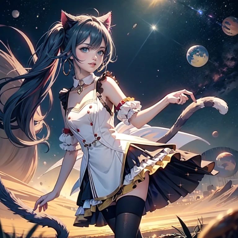 1girl, white maid dress, jewelry, aqua hair, flowing hair, long hair, maid dress with a short skirt and layers, white laces, white boots, white dress with transparency, gold details on her clothes, cat ears, animal ears, more details, perfectly body, perfectly hands, two hands, two legs, two arms, five fingers, glowing hair, best quality, cat ears, animal ears, white gloves, cat tail, alone, maid headdress, choker, detached sleeves, maid dress, maid white dress, strapless, aqua hair, masterpeice, best quality, detailed face, night, asymmetrical gloves, bangs, white short skirt , earrings, elbow gloves, fishnet thighhighs, fishmasterpeice, solo, best quality, detailed face, hair between eyes, jewelry, looking at viewer, single earring, sky, sleeveless, solo, thigh boots, thighhighs, tongue, tongue out, uneven gloves, cat ears, animal ears, cat tail, solo, alone, aqua hair, glowing hair, Looking at the viewer, magenta roses on her hair, space scenery, maid, maid dress, magenta details, maid headdress, maid apron, purple hair, long hair, seat on the Saturn rings, more details on her clothes, gold details on her clothes, space, smiling, standing her hand to a viewer, looking at the viewer, in the background a several asteroids glowing with fiery auras, Dramatic lighting from distant stars and planets illuminates the scene, looking at the vast and mysterious universe, cowboy shot, upper body portrait, more details, sparkle,