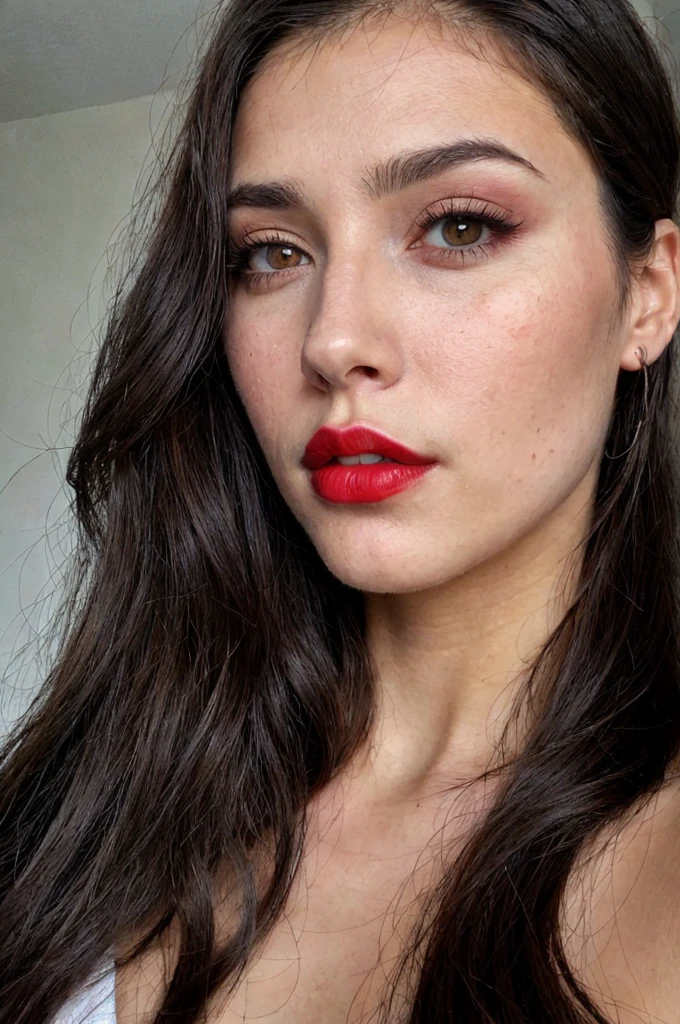 Woman selfie, long dark brown hair, black eyes, red lipstick, ultra realistic