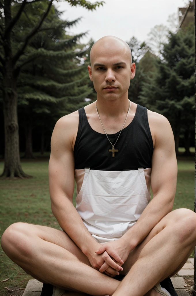 naughty man, offwhite, without hair, baldie, brooding, meditation, sitting cross-legged, in an external area, trees in the background, defocused