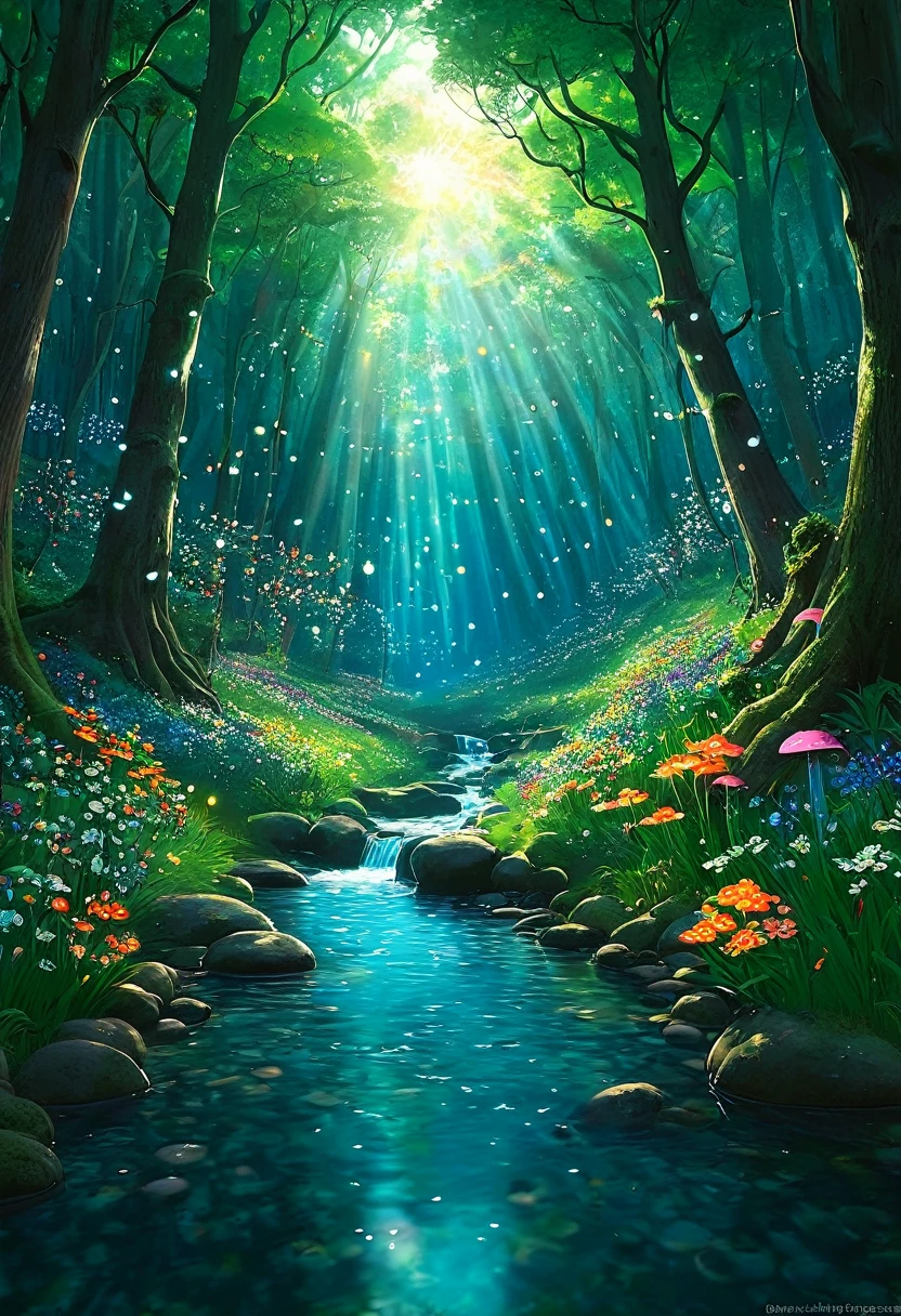 Artistic Image
Type of Image: Digital Illustration
Subject Description: A mystical forest with towering trees, vibrant flowers, and a gentle stream flowing through it. The forest is filled with magical creatures like fairies, unicorns, and glowing fireflies. The atmosphere is enchanting and full of wonder.
Art Styles: Fantasy, Magical Realism
Art Inspirations: Art Station, Deviantart, Fairy tale illustrations, Hayao Miyazaki's films
Camera: N/A
Shot: N/A
Render Related Information: High level of detail, vibrant colors, soft lighting, dreamy atmosphere