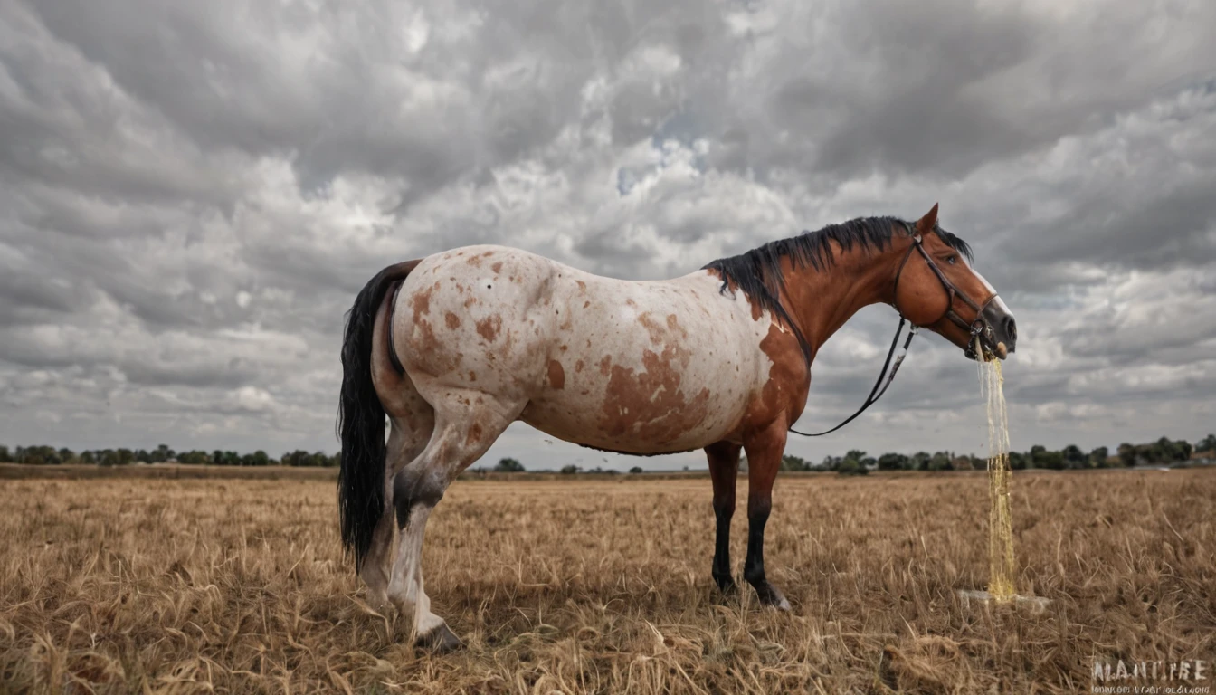 full rear view of a very large fat very hairy (1,200) black(1,100) draft horse stallion with 2 big lumps of horse dung (1,50) dropping to the ground out of rectum at the centre of a big bum and sliding down legs. huge volume of light yellow urine pouring out of erect horse penis flooding (1,10) the ground under horse. facing away from view point - towards horizon. open rectum and anus in full view tail to left side. ((masterpiece)), ((best quality)), ((highres)), ((extremely detailed)), (( long distance back view)), (super realistic) . anatomically correct. open field. bright sunny sky. (head(1,10), body, legs, hooves,(2.5)). hairy horse. 5 very large piles of horse dung around back of horse(1,20).