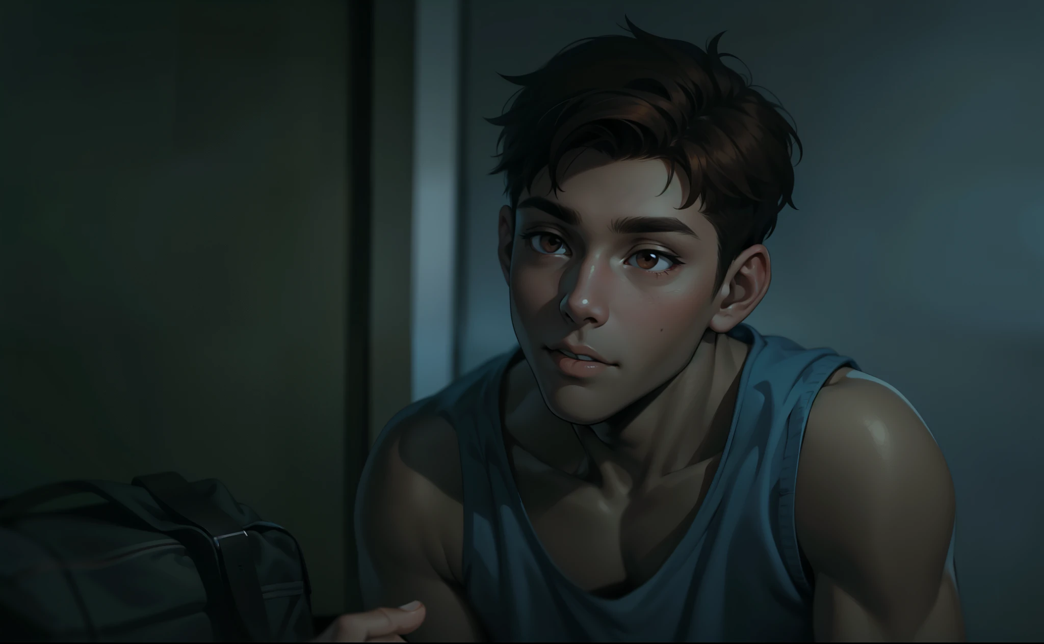 There is a 17 year old young man with brown hair, brown eyes, he is talking to someone, he is questioning him.