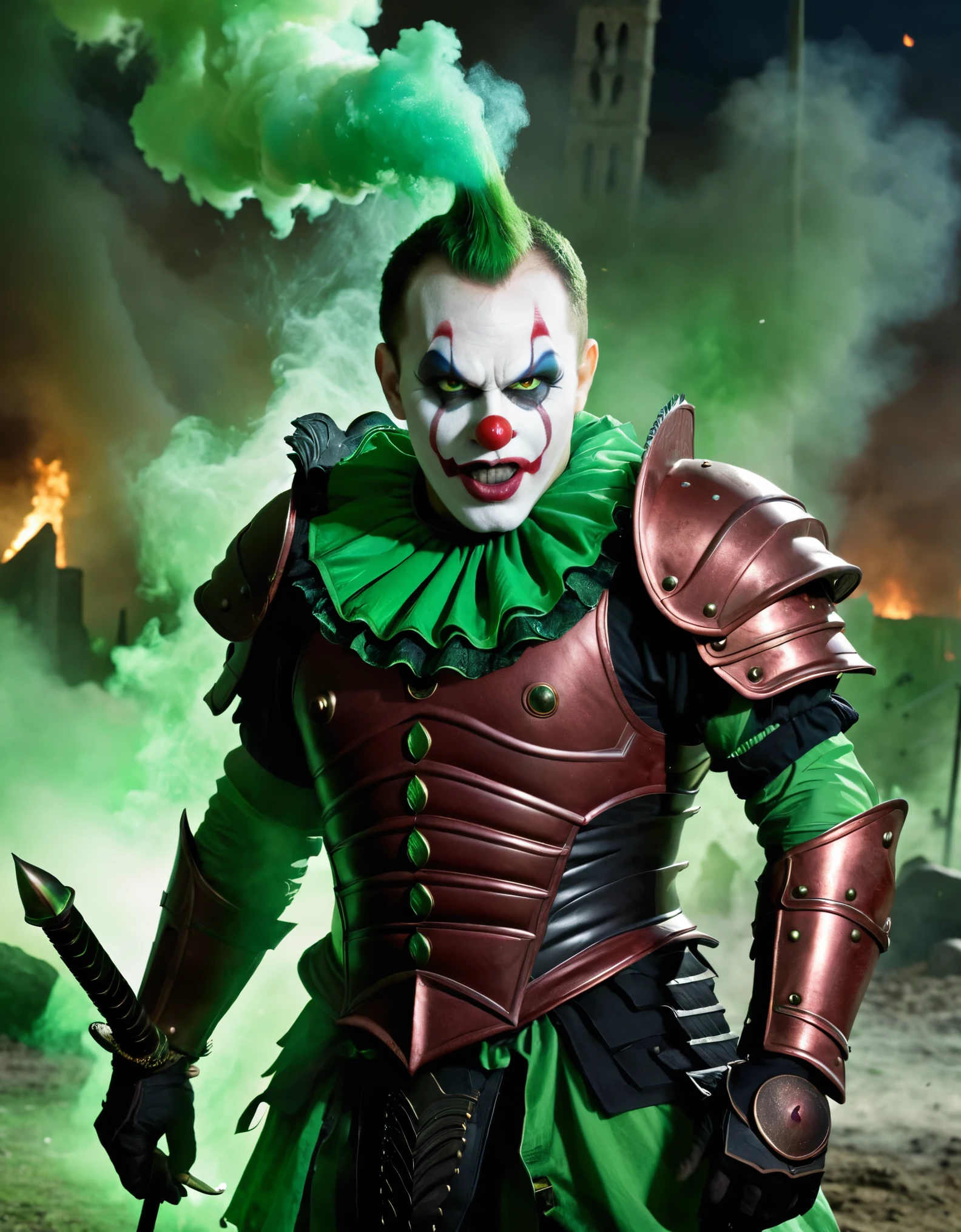 A mythical demon clown with terrifying makeup, green spectral smoke rising from his face, and ancient armor. The background is a dark, mythical battlefield.