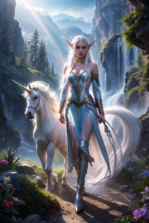 Epic cinematic brilliant stunning intricately detailed dramatic atmospheric maximalist digital matte painting Stunning professional masterpiece of a beautiful young elf with pointed ears named Arwen with long straight white hair, piercing crystal blue eyes, the elf stands next to her bright white unicorn, its fur shines like small specks of glitter due to the sunlight that falls on the figure of the elf and the unicorn. Lamluz is soft and warm. As a backdrop there is a mystical landscape that surrounds the image creating a magical atmosphere. ethereal fantasy hyperdetailed mist Thomas Kinkade 8k resolution holographic astral cosmic illustration mixed media by Pablo Amaringo heavenly sunshine beams divine bright soft focus holy in the clouds