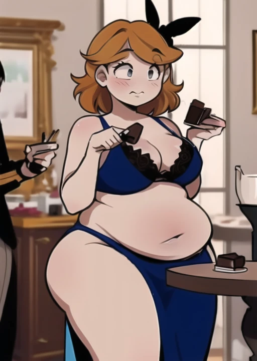 1girl, wearing a blue gown, at a ball, eating chocolate, embarrassed, midriff, obese belly.