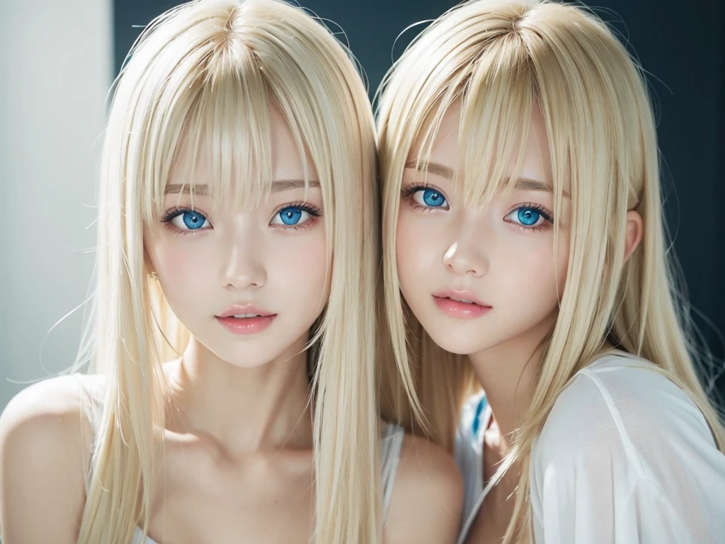 Her shiny, bright blonde hair is dazzlingly sexy.、 cute sexy little beautiful face 、Shiny hair dancing in front of a pretty face、Long, silky bangs that cover the eyes、Glowing pale light blue eyes、Hair that hides the face、Hair is too long、Sexy and cute young woman、Long, shiny, light blonde hair,,、dressing、T-Shirts、Big ample breasts、Bright expression、White beautiful skin、Cheek luster、Small Face Beauty、