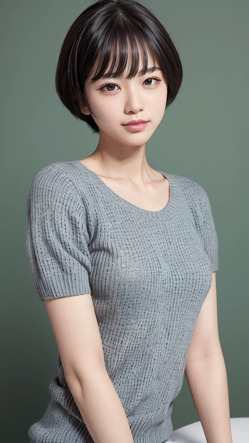 (masterpiece, Best image quality, high quality, High resolution, Realistic:1.2), (Bright lighting, Professional Lighting), (Dark green blank background:1.3), One Woman, Realistic skin, Fine skin, Beautiful Skin, expensive, Muscular body, (Black Hair, Bowl Cut, Eyelash extensions, Beautiful Eyes, black eye, How to draw eyes carefully, Looking at the audience, cute, Embarrassing:1.2), (Lean upper body:1.2), Mortar wall, (Short-sleeved brown sweater:1.3), A kind smile, I can see your teeth, Portrait