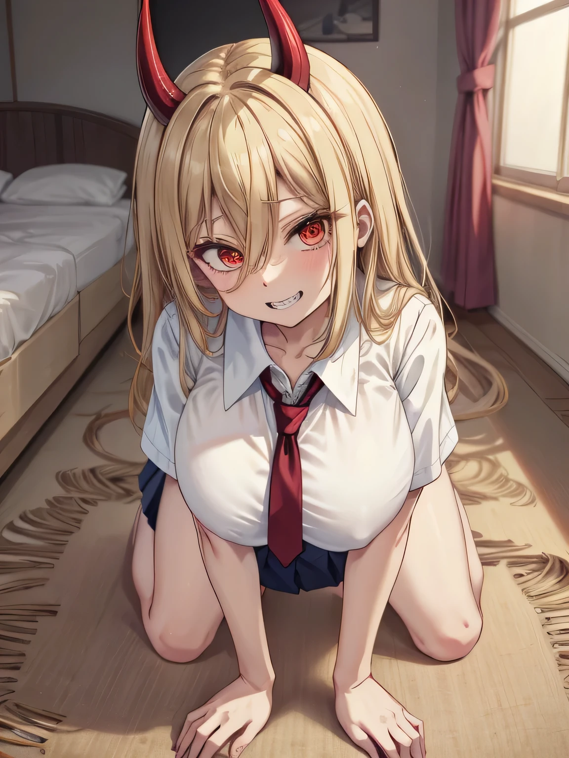 (((Highest quality、、masterpiece:1.5)))、Super detailed、Realistic、High resolution、超High resolution、Ultra-fine painting、Sharp focus、((Large Breasts:1.5)、Red eyes、Blonde、Slanted Eyes、Two horns、Jagged teeth、Summer uniform、Pleated skirt、Thick legs、Foot muscles、Abdominal muscles、18-year-old))、((Perfect Anatomy))、Cowboy Shot、Smug face、 all fours、Looking into the camera、power_Chainsaw Man