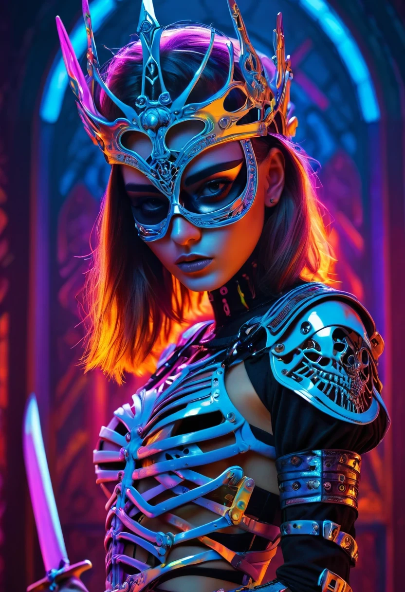 tarot card, chiaroscuro technique on sensual illustration of an queen of sword, a teenage fashion model wearing an exo-skeleton mask, vibrant colors, futuristic cyberpunk style, intricate details, cinematic lighting, dramatic pose, 