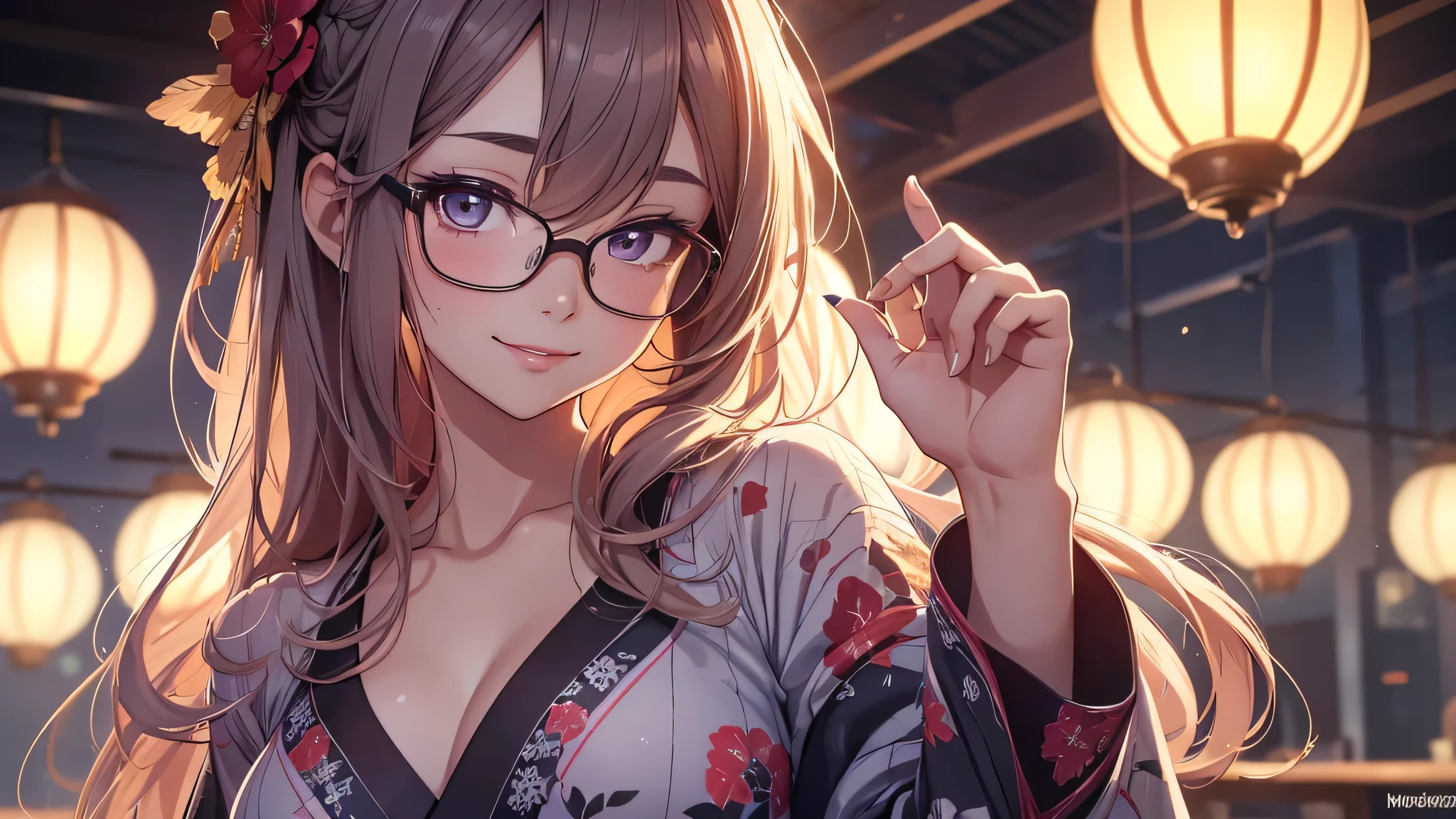1 girl, full body stand, glasses, ideal breasts, unbuttoned naked yukata, loose hair, smile, put his face closer to you, face blush, night light, detailed anime face, beautiful eyes, detailed hand, long eyelashes, detailed lips, detailed skin, intricate details, elegant, beautiful lighting, cooled colors, cinematic, soft focus, masterpiece, 8k, ultra-detailed, (best quality, 4k, 8k, highres, masterpiece:1.2), ultra-detailed