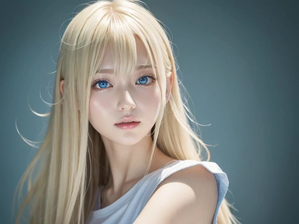 Her shiny, bright blonde hair is dazzlingly sexy.、 17 years old cute sexy little beautiful face 、Shiny hair dancing in front of a pretty face、Long, silky bangs that cover the eyes、Glowing pale light blue eyes、Hair that hides the face、Hair is too long、Sexy and cute young woman、Long, shiny, light blonde hair,,、dressing、T-Shirts、Big ample breasts、Bright expression、White beautiful skin、Cheek luster、Small Face Beauty、