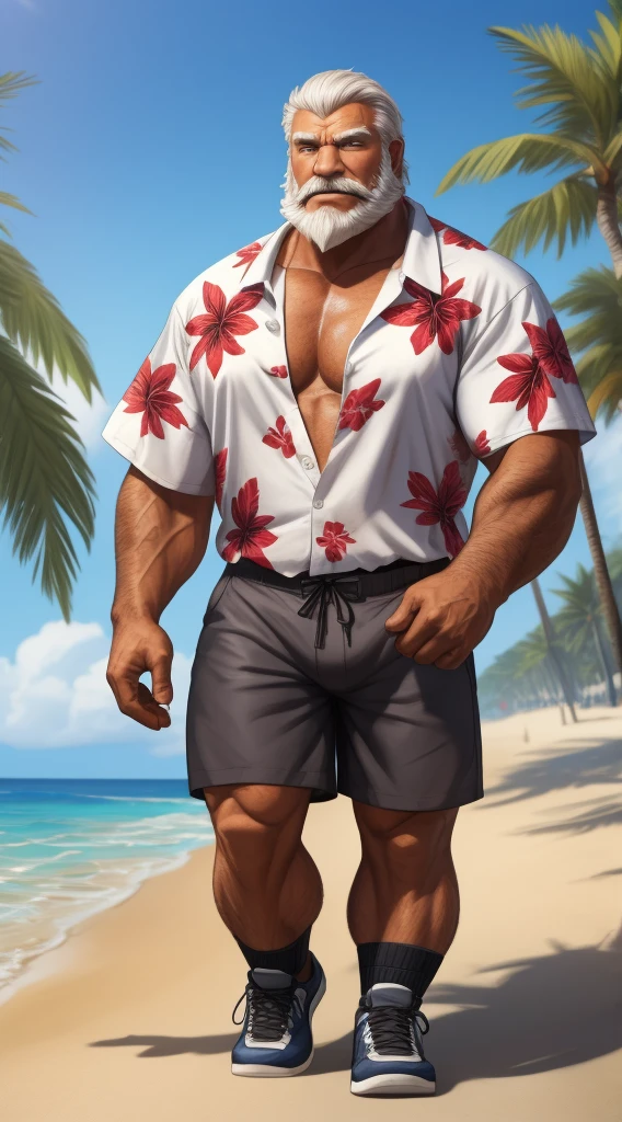huge muscular old man in street city, old man, thick arm, huge arm, bearded. white hair and beard, bearded, muscular, pectoral, wide pectoral, beach, palm, realistic, 8k, masterpiece, (wearing shorts and white Hawaiian shirt, shoes)