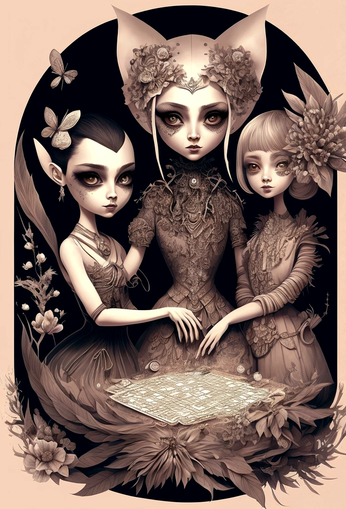A captivating digital painting featuring anthropomorphic women with modest and cute demeanor, who are cheeky and shy at playing cards. These charming characters are decorated with bright, adorned with eye-catching boots and have large, expressive round eyes, that reveal their unique personality. The artwork is inspired by the style of Nicola Samori, with a pin-up art flair, which creates a fascinating mixture of anthropomorphism and fantasy. The ethereal background, which consists of a structured mixture of media, complements the thin neck and full body of the motif, which is skilfully integrated into the composition. The artwork features complex details and extremely contrasting colors with intricate patterns, that give depth to the scene. The backlight enhances the ethereal mood and the masterful use of fine ink drawing and dry watercolor effects ensures sharp outlines and subtle textures, which makes this a truly