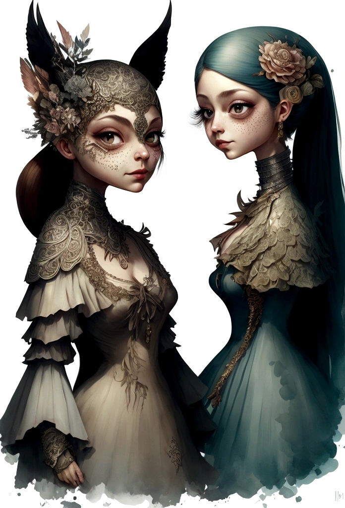 A captivating digital painting featuring anthropomorphic women with modest and cute demeanor, who are cheeky and shy at playing cards. These charming characters are decorated with bright, adorned with eye-catching boots and have large, expressive round eyes, that reveal their unique personality. The artwork is inspired by the style of Nicola Samori, with a pin-up art flair, which creates a fascinating mixture of anthropomorphism and fantasy. The ethereal background, which consists of a structured mixture of media, complements the thin neck and full body of the motif, which is skilfully integrated into the composition. The artwork features complex details and extremely contrasting colors with intricate patterns, that give depth to the scene. The backlight enhances the ethereal mood and the masterful use of fine ink drawing and dry watercolor effects ensures sharp outlines and subtle textures, which makes this a truly