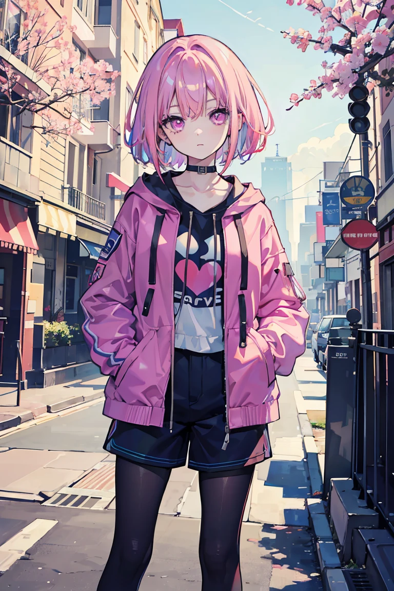 1 Girl, big 1.3, Colorful clothes, Pink Hair, Short Bob, ((peace sign)), Shorts,pantyhose, Jacket,Open chest, Exposed Skin, curt, Put your hands in your pockets, Light purple eyes, ((Heart Eyes)), Pale background,, Colorful Hair, Messy Hair, tonalism, Romanticism, modern art, Impressionism, reflected light, 8K, masterpiece, Advanced Details, Highest quality,