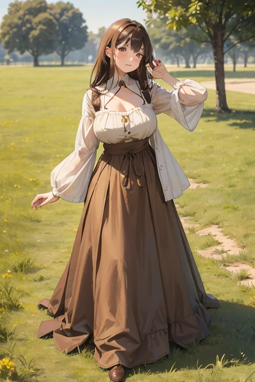A straight haired brunette adult female standing on the ground, wearing loose brown dress with cuffed sleeves, low neckline, medieval, brown hair, large long shaped tits, silly personalty, cute happy demeanor, sunny disposition, deredere,