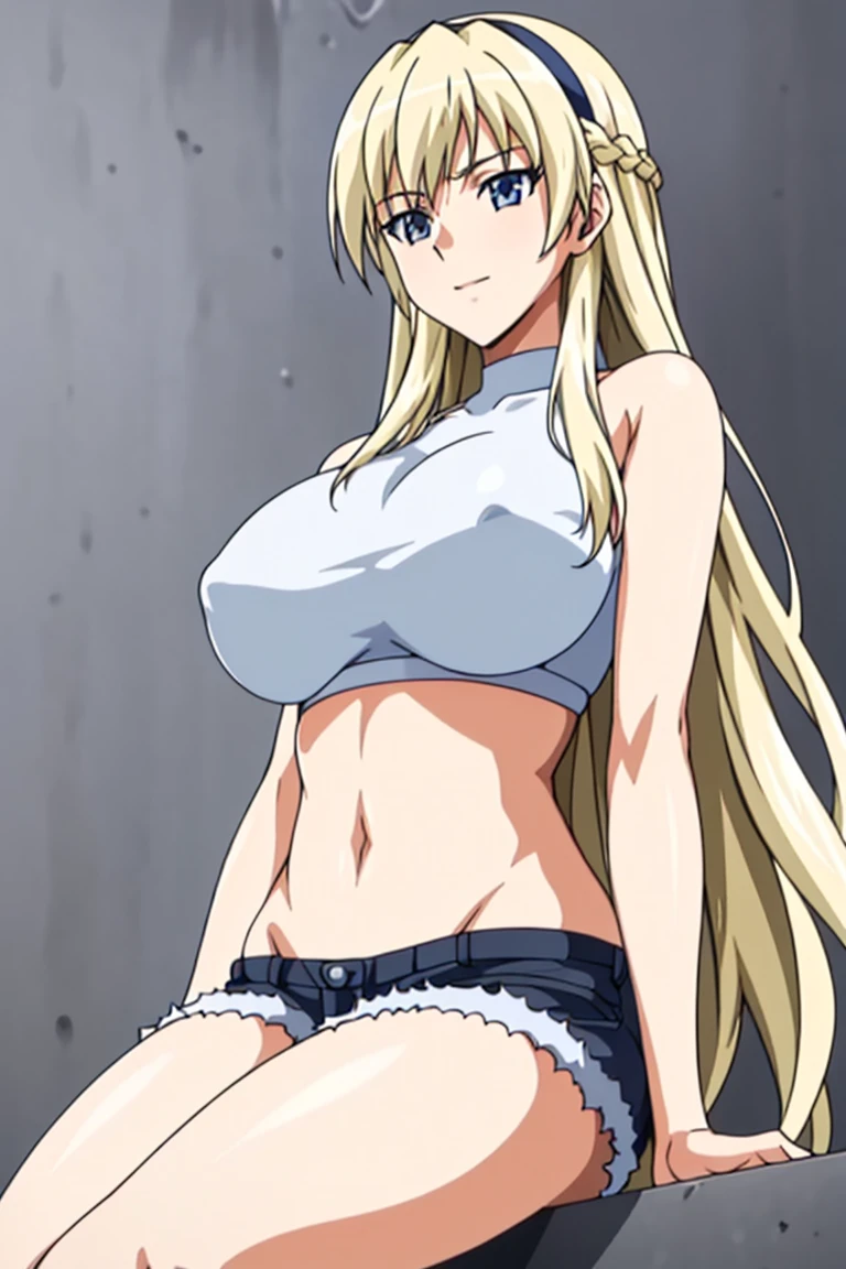Simple White Background, at attention,
navel,halterneck,crop top,bare shoulders,
bangs,blonde hair,hair between eyes, hairband, long hair,Blue_Eyes,
1 girl, 20yo,Young female,Beautiful Finger,Beautiful long legs,Beautiful body,Beautiful Nose,Beautiful character design, perfect eyes, perfect face,expressive eyes,perfect balance,
looking at viewer,(Focus on her face),closed mouth, (innocent_big_eyes:1.0),Light_Smile,
official art,extremely detailed CG unity 8k wallpaper, perfect lighting,Colorful, Bright_Front_face_Lighting,shiny skin,
(masterpiece:1.0),(best_quality:1.0), ultra high res,4K,ultra-detailed,
photography, 8K, HDR, highres, absurdres:1.2, Kodak portra 400, film grain, blurry background, bokeh:1.2, lens flare, (vibrant_color:1.2),professional photograph,
(Beautiful,large_Breasts:1.4), (beautiful_face:1.5),(narrow_waist), shorts, horny