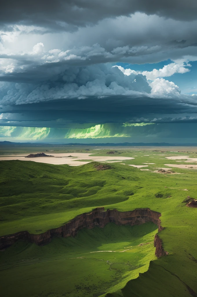 Green planet with deserts and storm clouds 