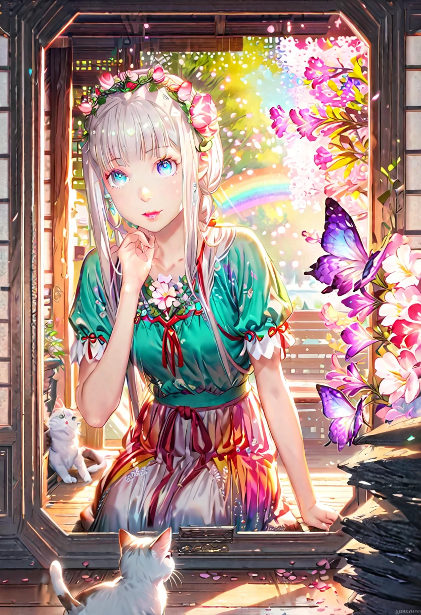 (Panorama, Center, Masterpiece, Highest Quality: 1.2), (8K, Raw Photos, Highest Quality), ((Masterpiece: 1.2)), Realistic, Ultra High Resolution, High Contrast, Photon Mapping, Vivid Colors, distant view, 26mm, Super Detailed, Raw Photos, Authentic, Official Art, RAW Photos, Professional Lighting, Lights, Vivid Atmosphere, finest illustration, best shadows),(An image with a composition with a large background and a small person), A smiling young girl (Emilia princess from Re:Zero, elegant silver-haired girl with delicate features, beautiful detailed eyes, long eyelashes, full lips, colorful makeup, slim waist, wearing a academy uniform, short sleeve top, photorealistic, (best quality,4k,8k,highres,masterpiece:1.2),ultra-detailed,(realistic,photorealistic,photo-realistic:1.37), extremely detailed face and eyes, highly detailed iris, (cute)), Early summer, Daytime. Plain, A smiling young girl and a white kitten can be seen in the distance. A smiling girl and a kitten are sitting on an old bench looking towards you. In the silence, the sunlight filtering through the trees is reflected on the ground. Behind it is a small old shrine. A landscape where nature and manmade objects coexist in harmony. The leaves are swaying in the breeze. Beautiful green gradation. An atmosphere that exudes the excitement of adventure. An atmosphere that makes you feel happy and joyful. High Fantasy Worldview. A magnificent composition. Beautifully depicted with the golden rule. Guardian nebula of rainbow light and silvery vapor. Corrosive Encirclement Ray Family Color. Slimy air.