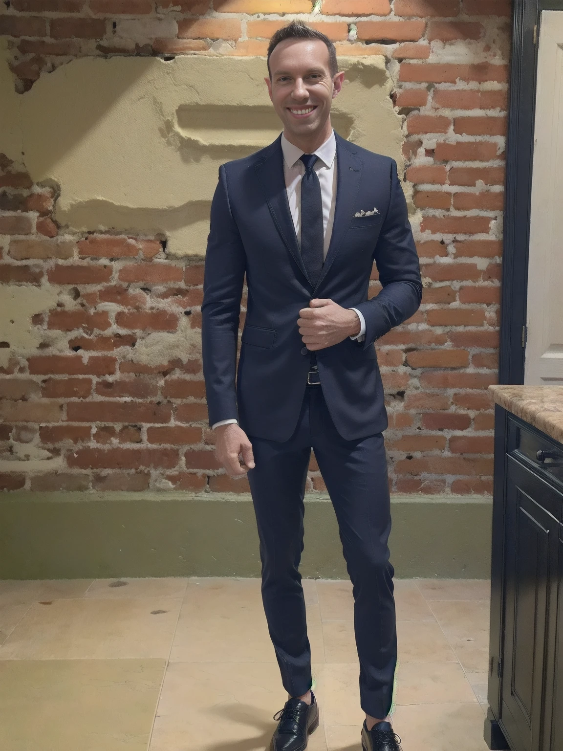 (highres,masterpiece:1.2), ultra-detailed, realistic:1.37, HDR, man ,solo, Todder8 Todder1 (short hair, smiling) in luxury kitchen wearing suit (stylish leather shoes), painted brick walls, black tile floor fashionable attire, vibrant colors, moody red and blue lighting.