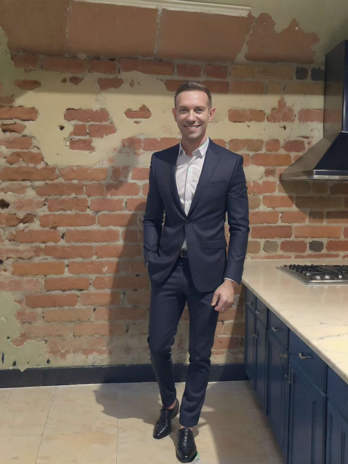 (highres,masterpiece:1.2), ultra-detailed, realistic:1.37, HDR, man ,solo, Todder8 Todder1 (short hair, smiling) in luxury kitchen wearing suit (stylish leather shoes), painted brick walls, black tile floor fashionable attire, vibrant colors, moody red and blue lighting.