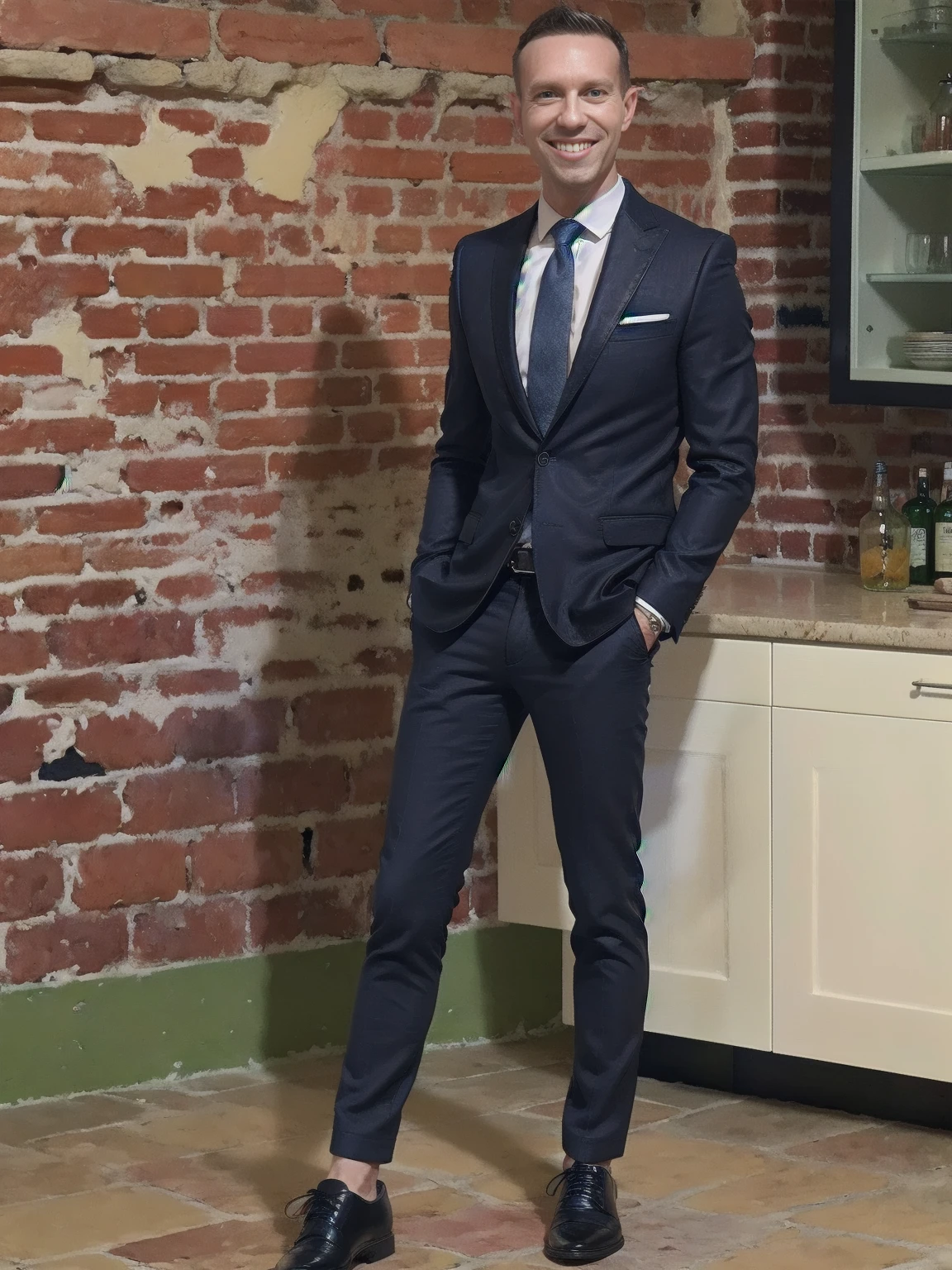 (highres,masterpiece:1.2), ultra-detailed, realistic:1.37, HDR, man ,solo, Todder8 Todder1 (short hair, smiling) in luxury kitchen wearing suit (stylish leather shoes), painted brick walls, black tile floor fashionable attire, vibrant colors, moody red and blue lighting.