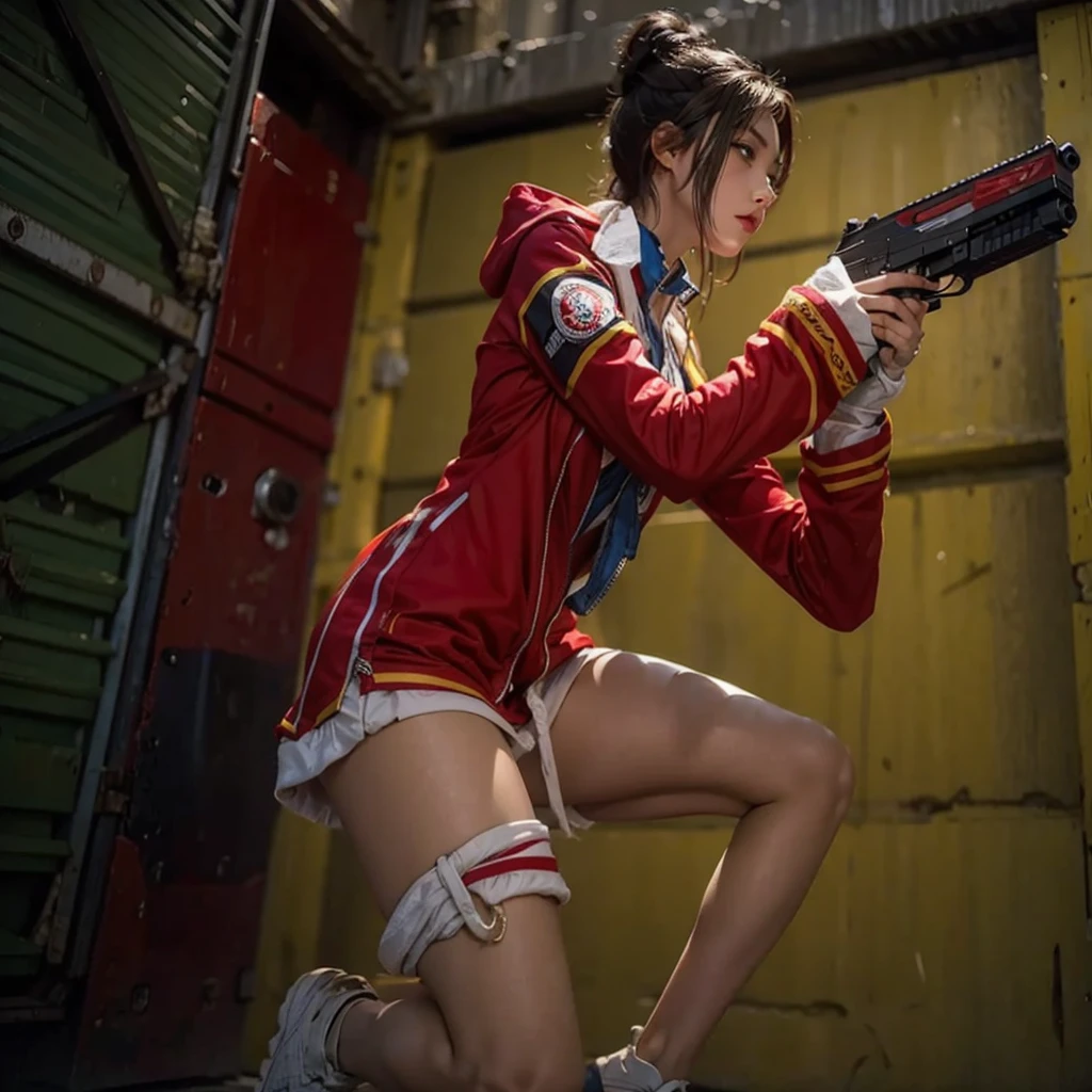 Close-up of a girl crouching with a gun