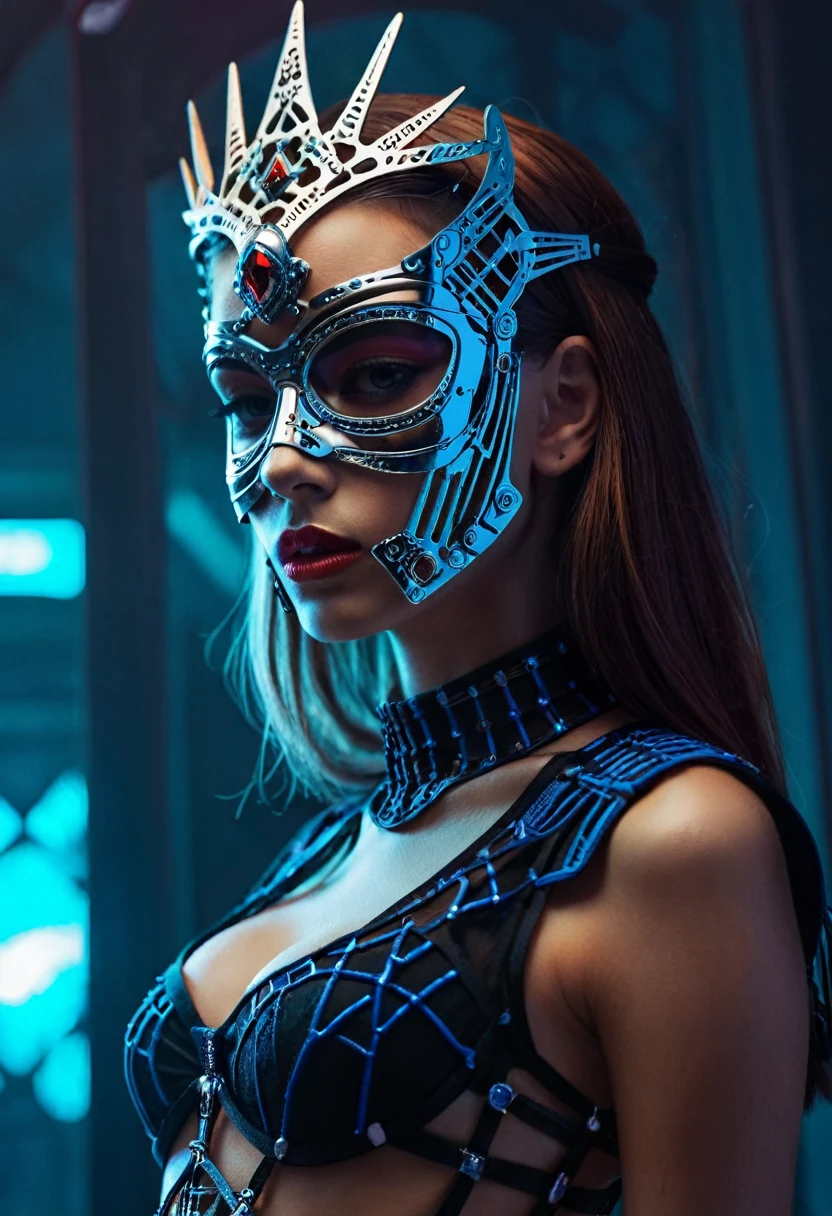 tarot card, chiaroscuro technique on sensual illustration of an queen of sword, a teenage fashion model wearing an exo-skeleton mask, vibrant colors, futuristic cyberpunk style, intricate details, cinematic lighting, dramatic pose, 