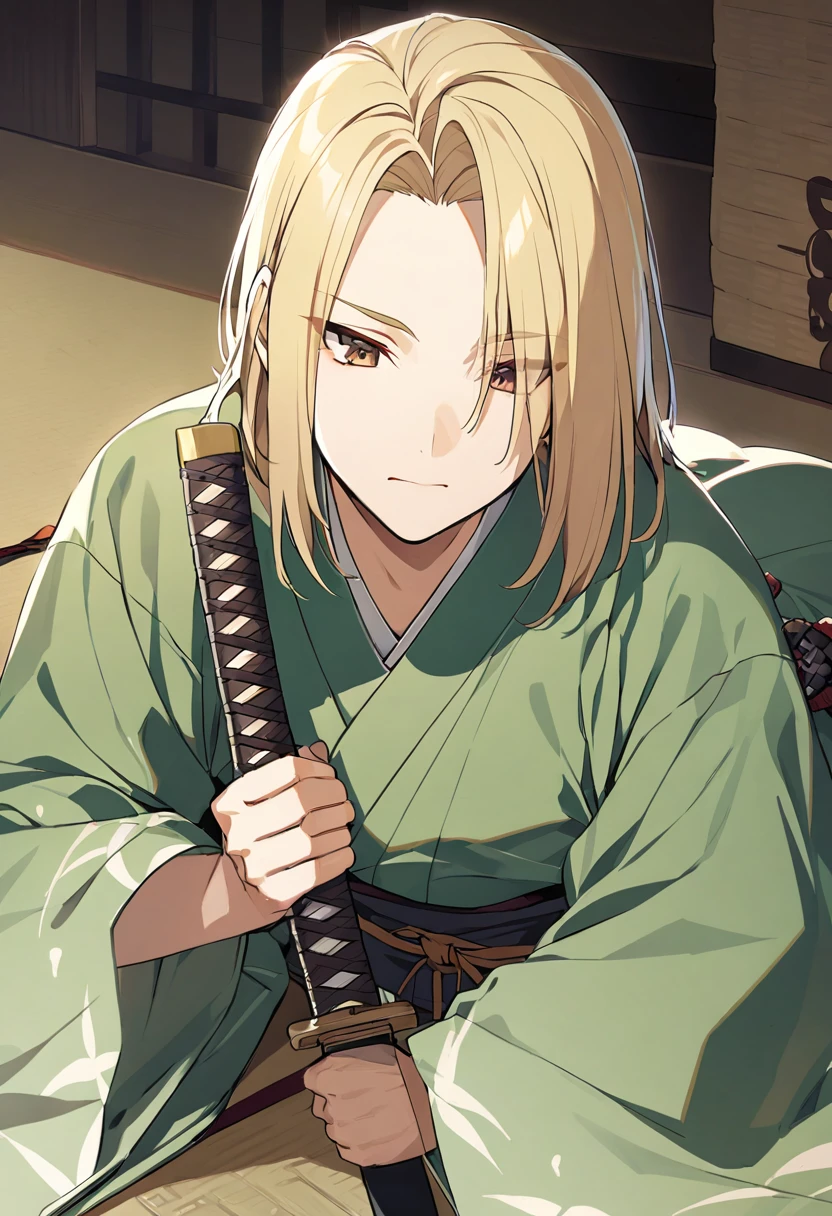 guy, blond, medium length hair, long bangs, bangs on the side, closed forehead, brown eyes, green kimono, haramaki, katana