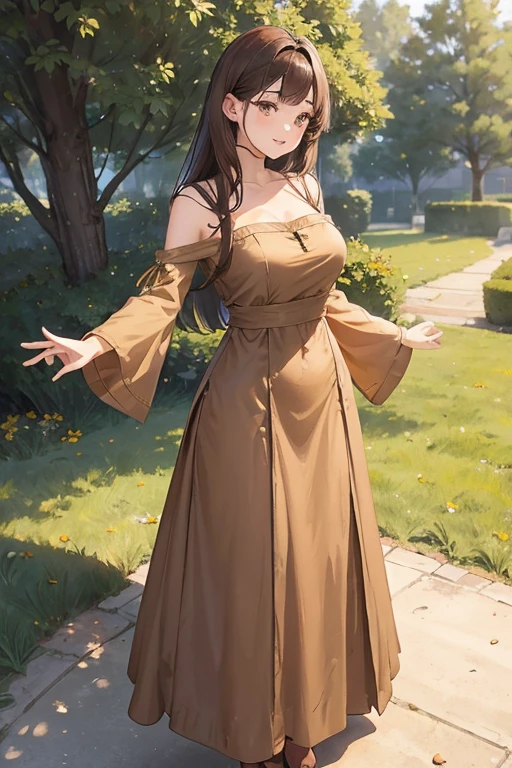 A straight haired brunette adult female standing on the ground, wearing loose brown dress with cuffed sleeves, low neckline, medieval, brown hair, large long shaped tits, silly personalty, cute happy demeanor, sunny disposition, deredere,