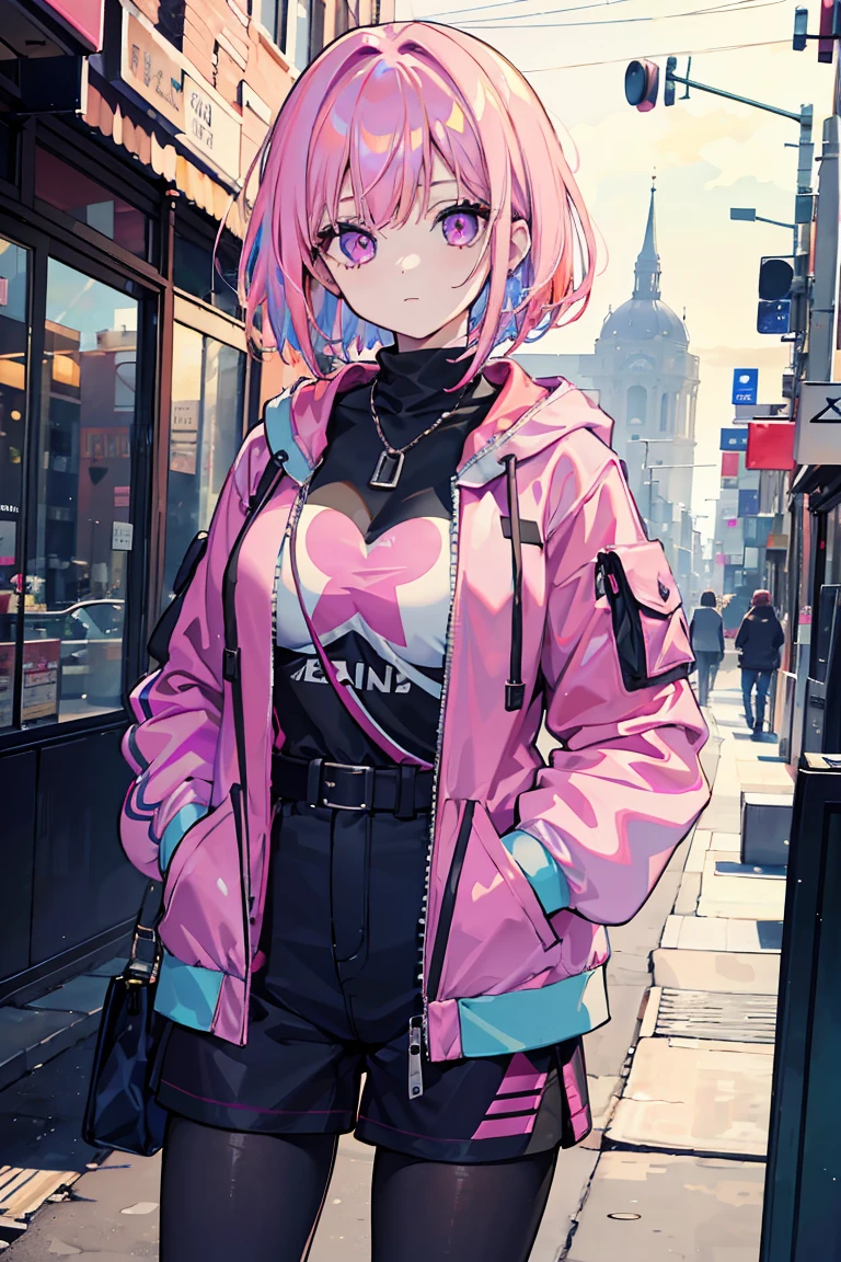 1 Girl,Big Breasts 1.3, Colorful clothes, Pink Hair, Short Bob, ((peace sign)), Shorts,pantyhose, Jacket,Open chest, Exposed Skin, curt, Put your hands in your pockets, Light purple eyes, ((Heart Eyes)), Pale background,, Colorful Hair, Messy Hair, tonalism, Romanticism, modern art, Impressionism, reflected light, 8K, masterpiece, Advanced Details, Highest quality,
