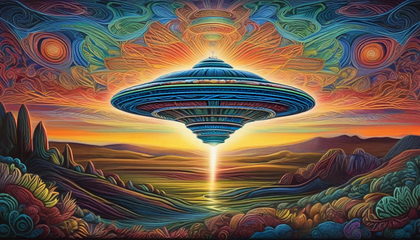 Amanda Sage style, 1 UFO, High contrast, bold color, extremely detailed, high quality, highly detailed,