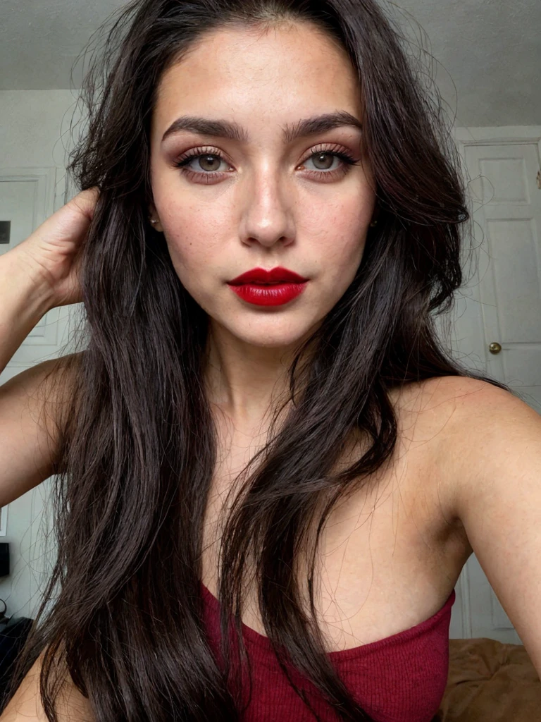 Woman selfie, long dark brown hair, black eyes, red lipstick, ultra realistic