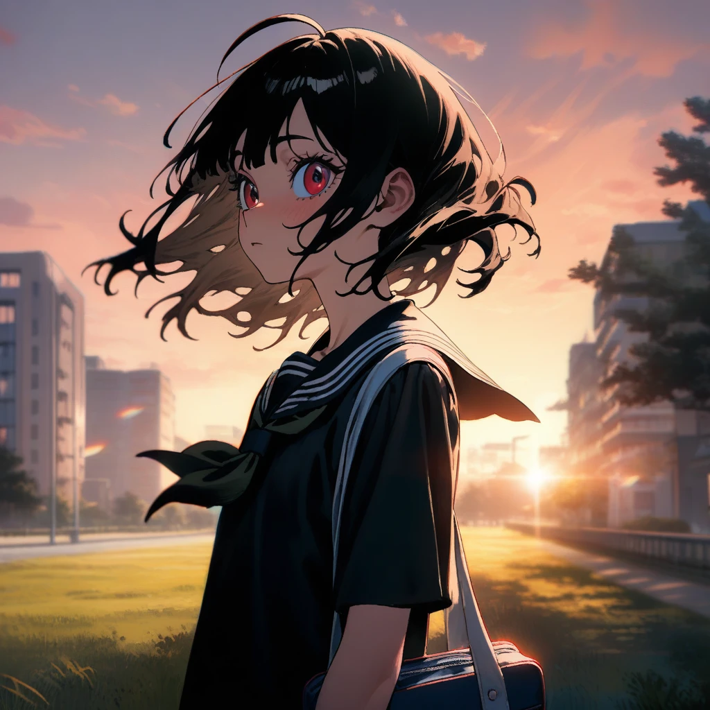 1girl, nobita \(makoto7060355\), absurdres, absurdres, official art, ahoge, backlighting, bag, black hair, black sailor collar, black shirt, blurry, building, cloud, from side, depth of field, evening, floating hair, grass, outdoors, red eyes, sailor collar, scenery, school bag, , shirt, short sleeves, sky, solo, sunset, tree, uniform, window, lens flaire, chromatic aberration, ((very aesthetic, best quality, ultra detailed)), new, newest
