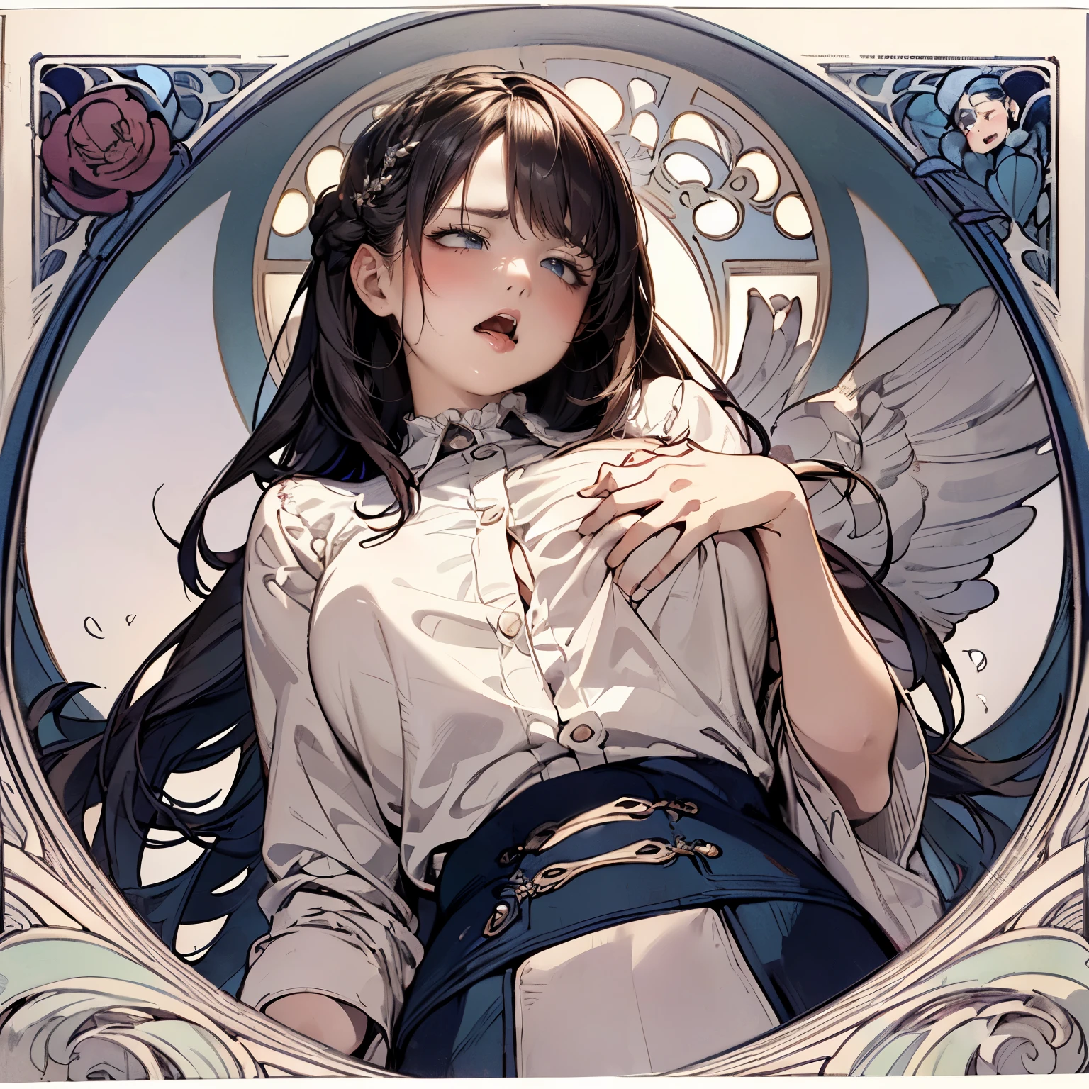 (((round face))), drooping eyes, shame, a young housewife, (focus on her mouth, ecstasy face, lewd girl, casual clothes, unbuttoned-shirt, long-skirt), (((masturbating while she is touching her body, tongue))), braid, (((art nouveau))), angle from below,