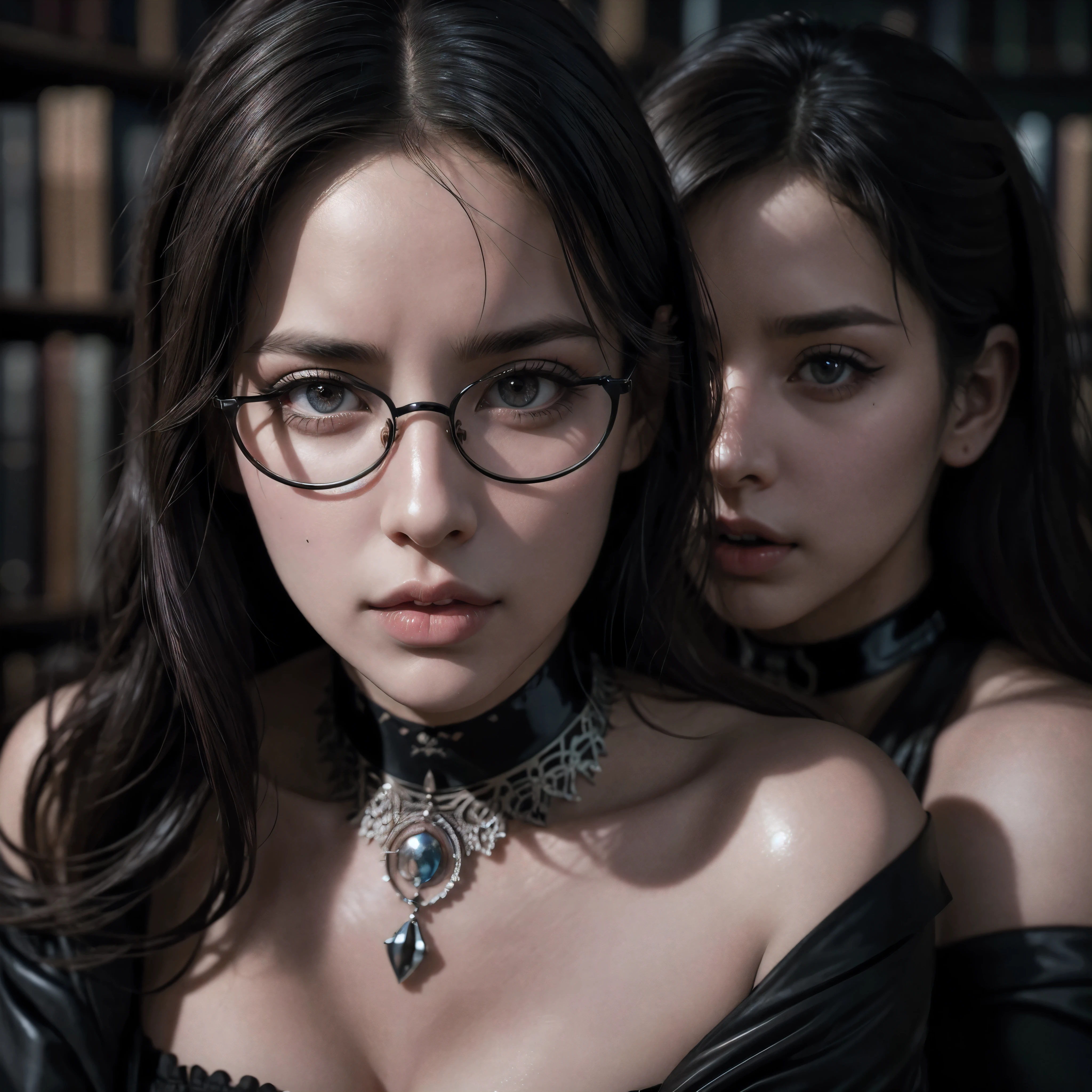 a beautiful milf with huge breasts, wearing round glasses, sitting on a table in a library, wearing tight black latex stockings that dig into her juicy thighs, wearing a choker collar that strongly compresses her neck, her tongue sticking out and eyes rolled up, (best quality,4k,8k,highres,masterpiece:1.2),ultra-detailed,(realistic,photorealistic,photo-realistic:1.37),detailed eyes,detailed lips,extremely detailed face,long eyelashes,elegant mature woman,seductive pose,intense expression,chiaroscuro lighting,moody atmosphere,dramatic shadows,rich colors,cinematic,portrait