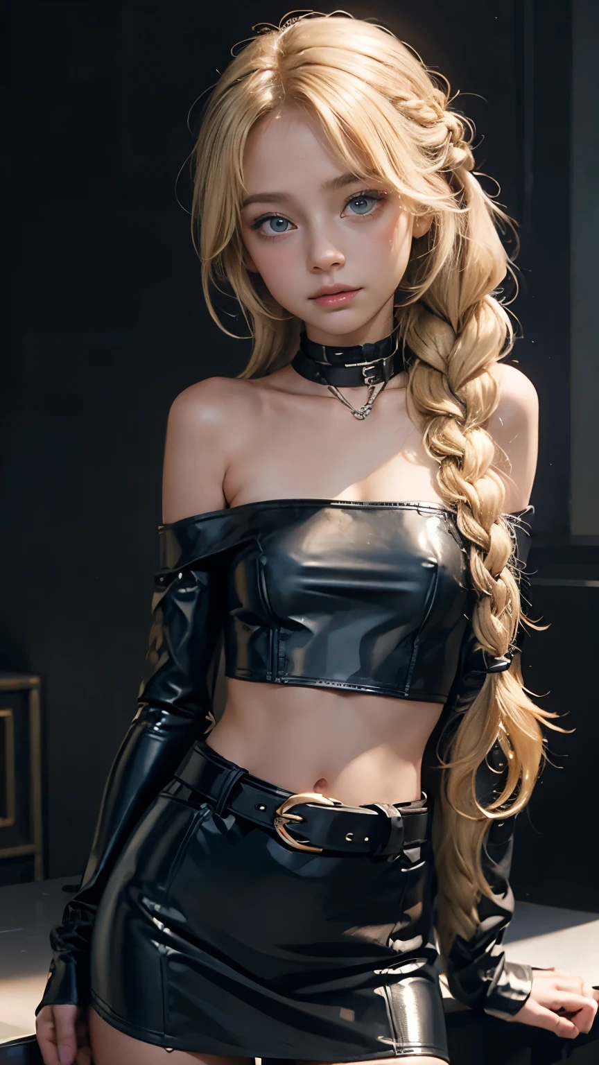 A girl with long wavy blonde hair , ((One Girl)), (blonde) ,(Braid:1.3),blue eyes , A light smile, Gorgeous face , 18-year-old , (Slim figure , Large Breasts) , Chain belt, High waist latex pencil skirt, Latex Arm Sleeve, ((Waist belt)), ((Hip belt)), Black leather scarf, White Off Shoulder Blouse, thin, City of night , Neon Light , Surrealism