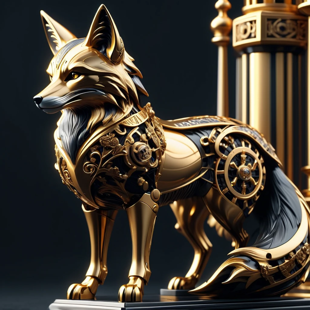 an elegant complex bio mechanical chess king(fox), onyx and gold, intricate details, 3d style, cyborg style, Movie Still, Leonardo Style, Macro Realism Style, Macro photography, close-up, hyper detailed, trending on artstation, sharp focus, studio photo, intricate details, highly detailed, 8k